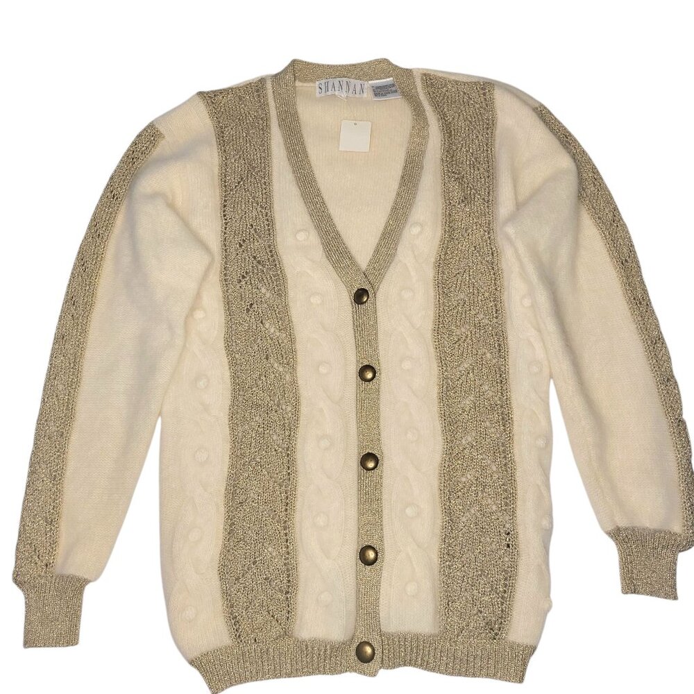 NWT Vintage Angora Cream White Metallic Gold Cardigan Grandmacore Hygge Sz Small